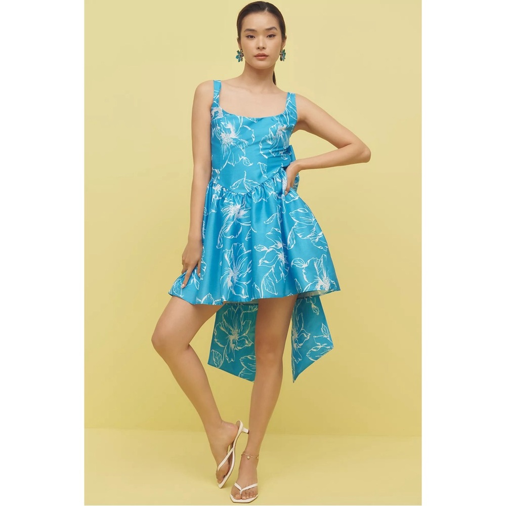Anthropologie Hutch Blue Floral Basque Waist Back Bow High Low Mini Dress Medium - Picture 3 of 5